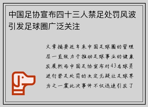 中国足协宣布四十三人禁足处罚风波引发足球圈广泛关注