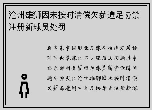 沧州雄狮因未按时清偿欠薪遭足协禁注册新球员处罚