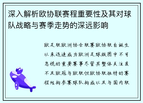 深入解析欧协联赛程重要性及其对球队战略与赛季走势的深远影响
